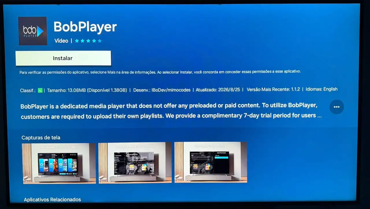 Tela de instalação do aplicativo BOB Player em uma loja de Smart TV