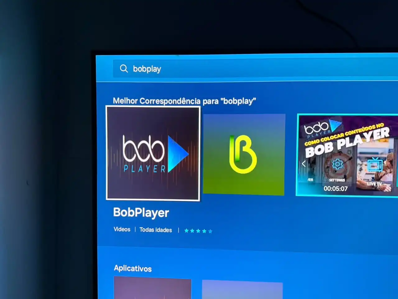 Resultado de busca pelo aplicativo BobPlayer na Smart TV